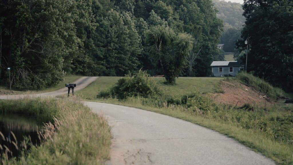 Serene rural road winding through lush forest and fields in Suches, Georgia.