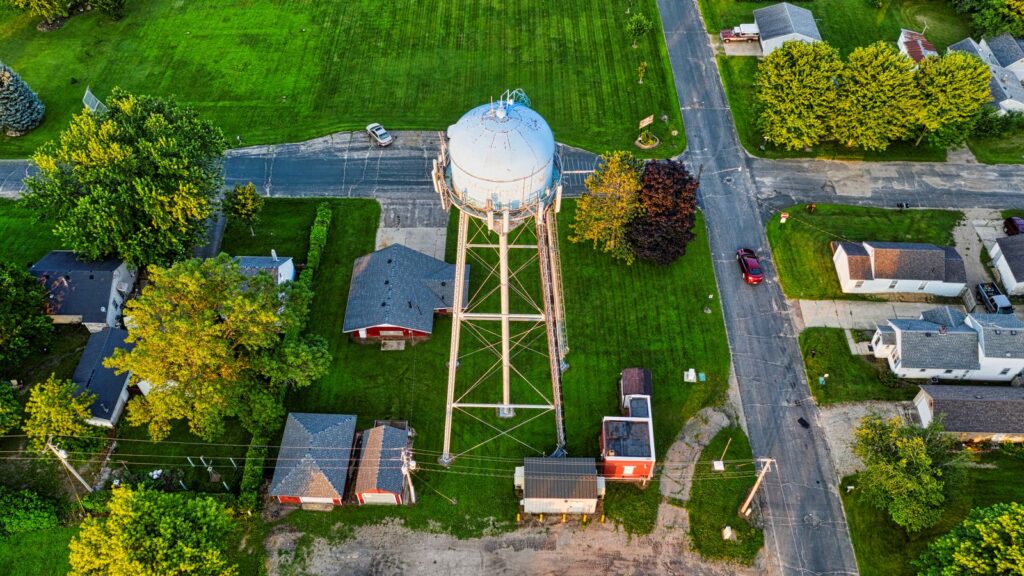 Aerial photograph showing the water tower and nearby residential area in Austin, Minnesota.
