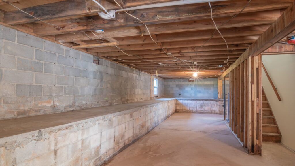 Empty basement with exposed wooden beams, concrete walls and stairs.